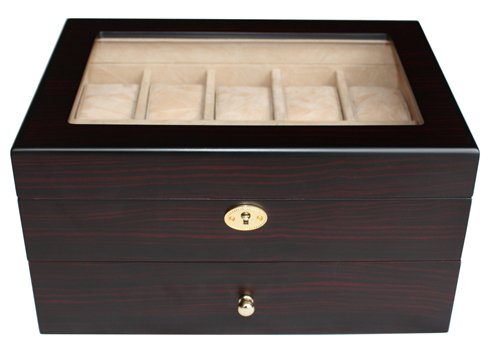 20 Piece Personalized Ebony Walnut Wood Watch Display Case and Storage Organizer Box
