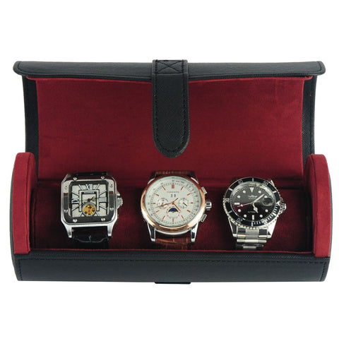 3 Watch Roll Black Saffiano Travel Watch Bracelet Case