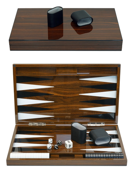 TIMELYBUYS Personalized Deluxe Wood 18" Lacquered Backgammon Board Game Set with Premium Leather Dice Cups and Acrylic Game Chips - Walnut