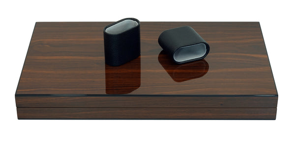 TIMELYBUYS Personalized Deluxe Wood 18" Lacquered Backgammon Board Game Set with Premium Leather Dice Cups and Acrylic Game Chips - Walnut