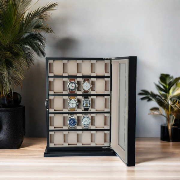 PRE-SALE 20 Piece Black Ebony Wood Watch Display Wall Hanging Case and Storage Organizer Box and Stand for Oversized Watches