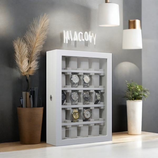 Pre- Sale 20 Piece White Wood Watch Display Wall Hanging Case and Storage Organizer Box and Stand for Oversized Watches