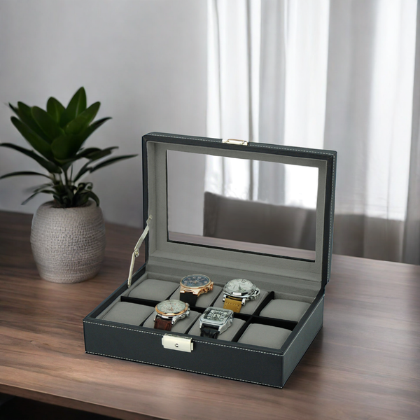 PRE-SALE 8 WATCH BLACK LEATHERETTE WATCH DISPLAY CASE FOR OVERSIZED WATCHES