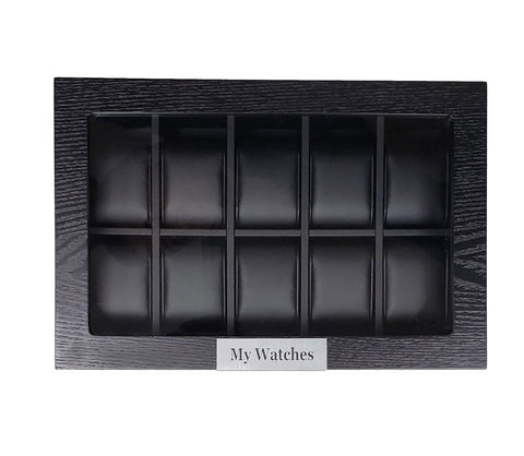 10 Piece Personalized Black Wood Watch Display Case Storage Organizer Box with Stainless Steel Accents