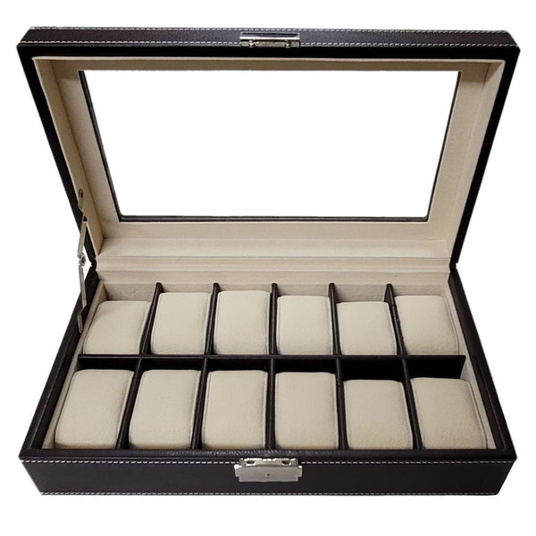 Tie Box Storage Case Organizer in Wood Glass Lid Valet - 12 Compartments