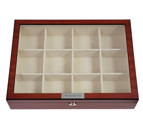 12 Slot Personalized Cherry Wood Tie and Belt Display Case