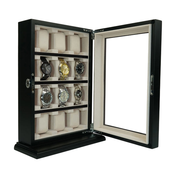 PRE-SALE 12 Piece Black Ebony Wood Watch Wall Hanging Display Case and Storage Organizer Box and Stand for Oversized Watches
