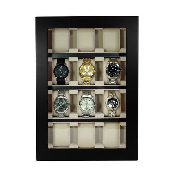 PRE-SALE 12 Piece Black Ebony Wood Watch Wall Hanging Display Case and Storage Organizer Box and Stand for Oversized Watches