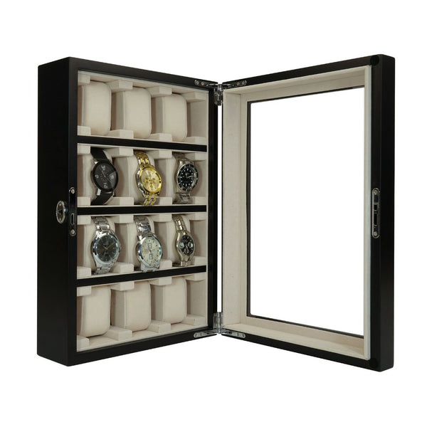 PRE-SALE 12 Piece Black Ebony Wood Watch Wall Hanging Display Case and Storage Organizer Box and Stand for Oversized Watches