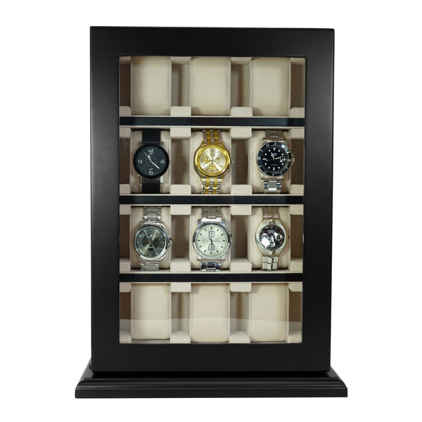 PRE-SALE 12 Piece Black Ebony Wood Watch Wall Hanging Display Case and Storage Organizer Box and Stand for Oversized Watches