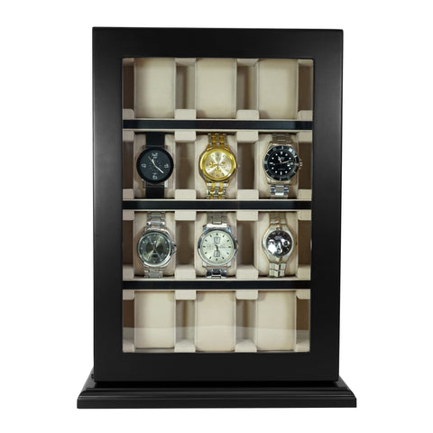 12 Piece Black Ebony Wood Watch Wall Hanging Display Case and Storage Organizer Box and Stand for Oversized Watches