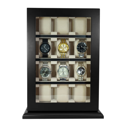 PRE-SALE 12 Piece Black Ebony Wood Watch Wall Hanging Display Case and Storage Organizer Box and Stand for Oversized Watches