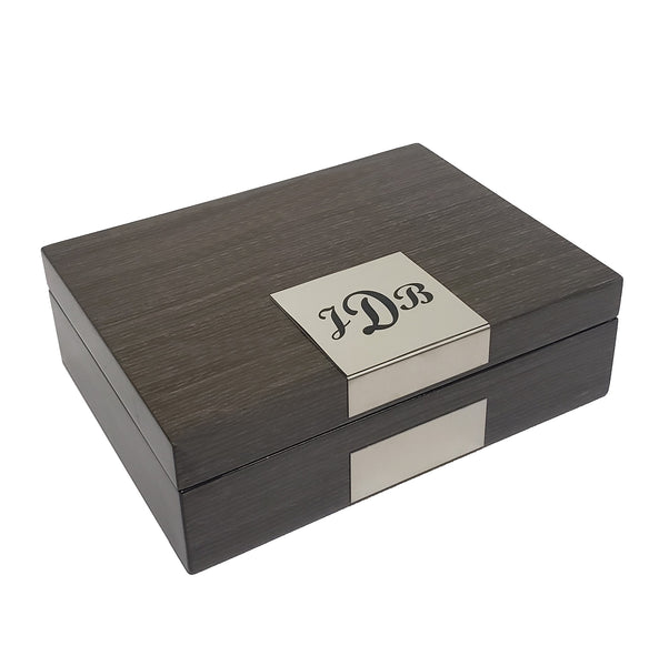 Personalized Grey Ginko Lacquered Wood Watch Cufflink Case & Ring