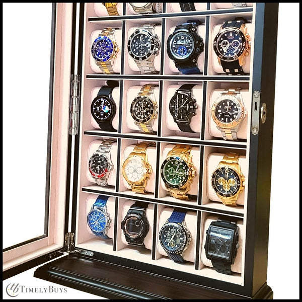 Pre-Sale 20 Piece Ebony Wood Watch Display Wall Hanging Case and Storage Organizer Box and Stand for Oversized Watches