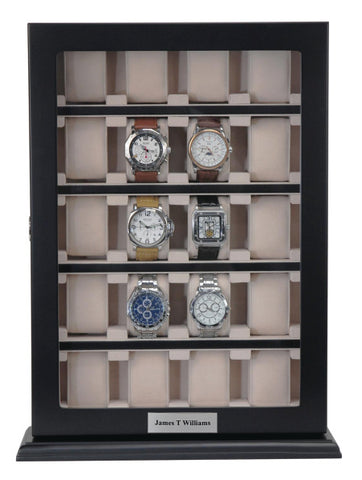 Personalized 20 Slot Black Wood Watch Display Wall Hanging Case and Storage Organizer Box and Stand for Oversized Watches