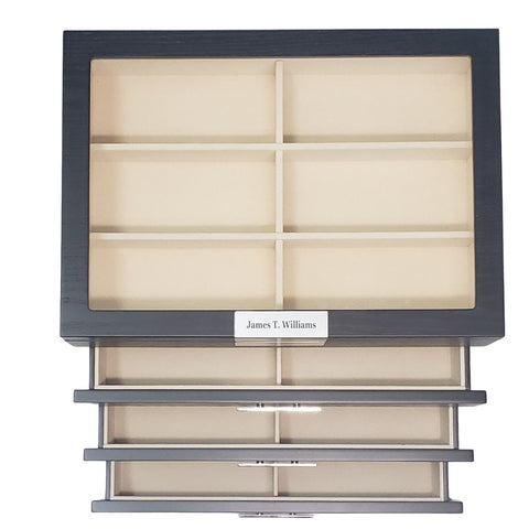 Personalized 24 Piece Large Black Wood Sunglass Display Case Drawer Storage Box