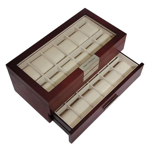 24 Oversized Extra Large Personalized Cherry Wood Watch Box Display Case 2 Level Storage Jewelry Organizer with Glass Top