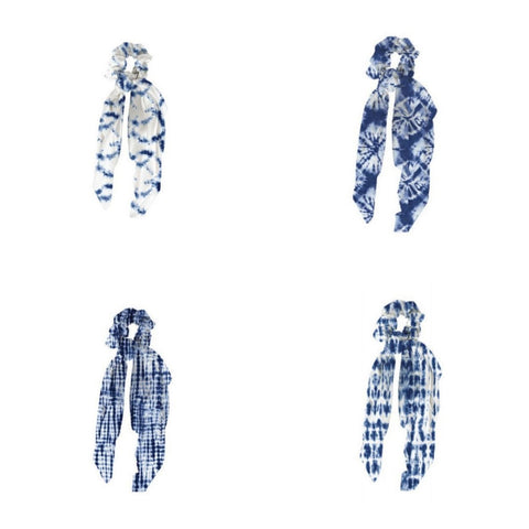 Mary Square Scarf Scrunchie Boho - Set of 4 Tie Dye Print Scrunchies Scarf Hairwraps - Various Tie Dye Patterns of Blue