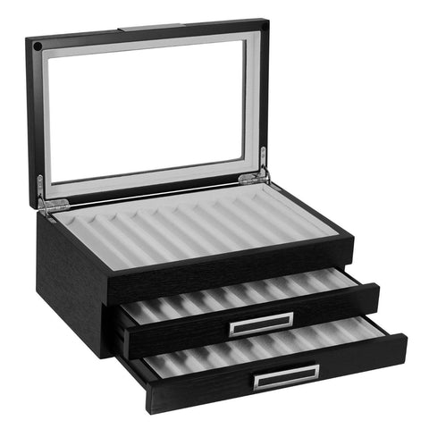 30 Piece Black Ebony Wood Three Level Pen Display Case