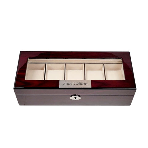 Personalized 5 Watch Cherry Lacquer Wood Watch Display Case and Storage Organizer Box