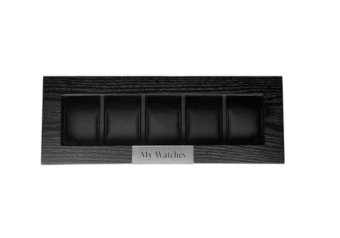 5 Piece Personalized Black Wood Watch Display Case Storage Organizer Box with Stainless Steel Accents