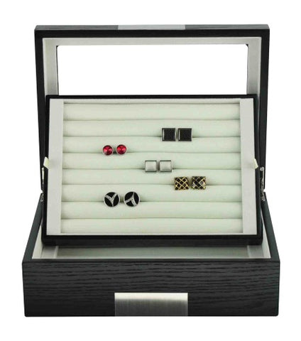 Black Ebony Wood Cufflink Case & Ring Storage Organizer with Stainless Steel Engravable Design Accent Men's Jewelry Box for 72 Cufflinks