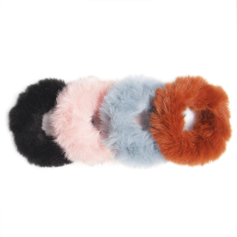 Banded Fur Scrunchies Set of 4 - Orange, Blue, Pink, Black