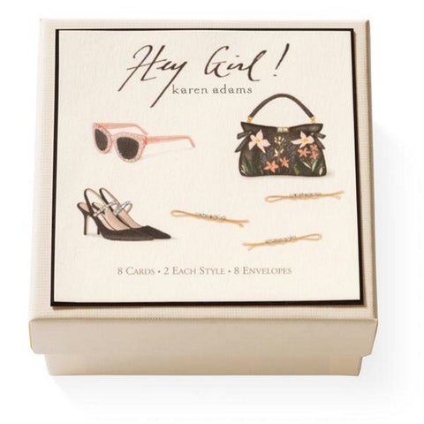 Karen Adams Gift Enclosure Box "Hey Girl" 8 Assorted Cards with Vellum Envelopes