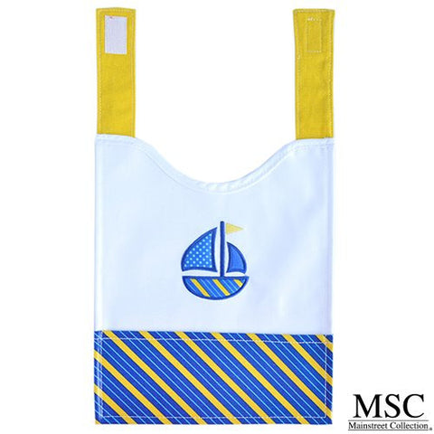 Mainstreet Collection Blue and Yellow Baby Boy with Sailboat Embroidery Wipeable Coated Canvas Bib