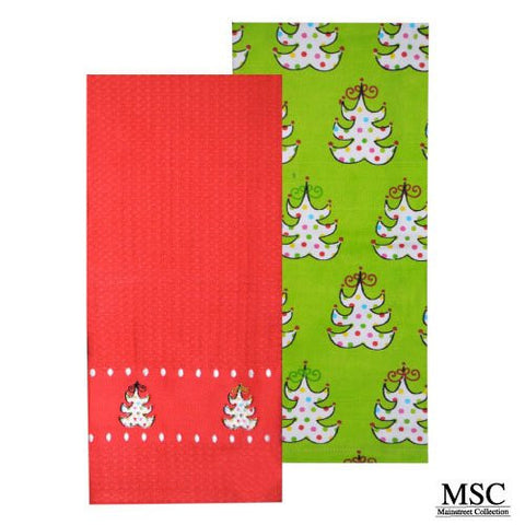 Mainstreet Collection Red and Green Holiday Christmas Tree 100% Cotton Dish Towel Set of Two