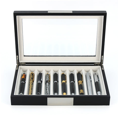 10 Piece Black Ebony Wood Pen Display Case Storage and Fountain Pen Collector Organizer Box with Glass Window