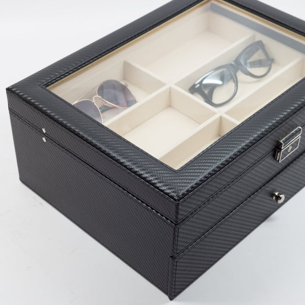 Personalized 12 Piece Large Black Carbon Fiber Sunglass Display Case Drawer Storage Box