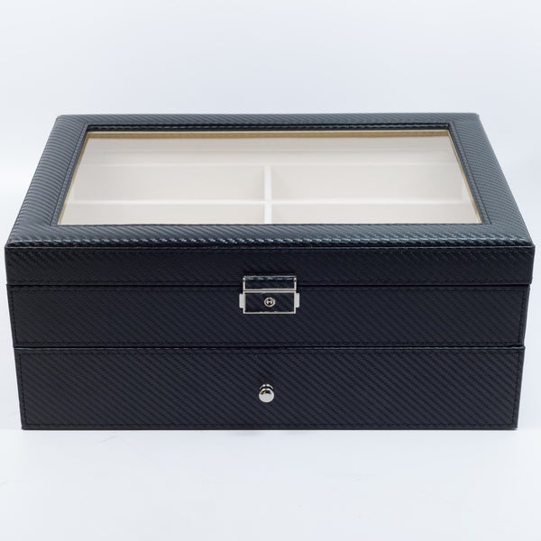 Personalized 12 Piece Large Black Carbon Fiber Sunglass Display Case Drawer Storage Box