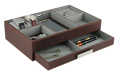 Brown Leatherette Charging Station Valet Tray Desk Dresser Drawer Coin Case for Keys, Phone, Jewelry, Watches