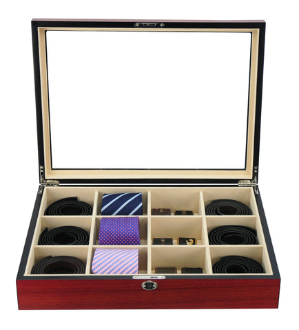 12 Piece Ties, Belts, and Accessories Cherry Wood Display Case Storage Box