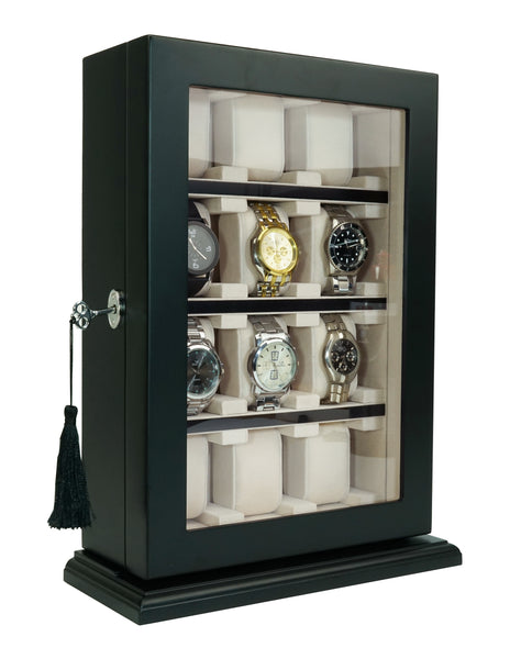 PRE-SALE 12 Piece Black Ebony Wood Watch Wall Hanging Display Case and Storage Organizer Box and Stand for Oversized Watches
