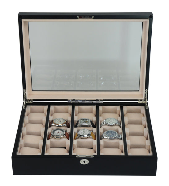 PRE-SALE 20 Piece Black Ebony Wood Watch Display Wall Hanging Case and Storage Organizer Box and Stand for Oversized Watches