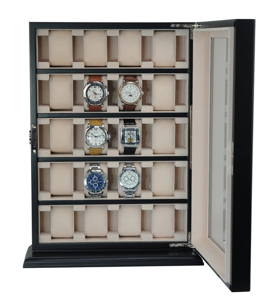 PRE-SALE 20 Piece Black Ebony Wood Watch Display Wall Hanging Case and Storage Organizer Box and Stand for Oversized Watches