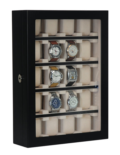 PRE-SALE 20 Piece Black Ebony Wood Watch Display Wall Hanging Case and Storage Organizer Box and Stand for Oversized Watches