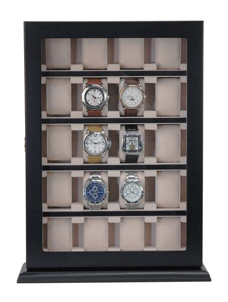 PRE-SALE 20 Piece Black Ebony Wood Watch Display Wall Hanging Case and Storage Organizer Box and Stand for Oversized Watches