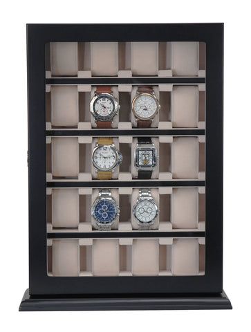 20 Piece Black Ebony Wood Watch Display Wall Hanging Case and Storage Organizer Box and Stand for Oversized Watches