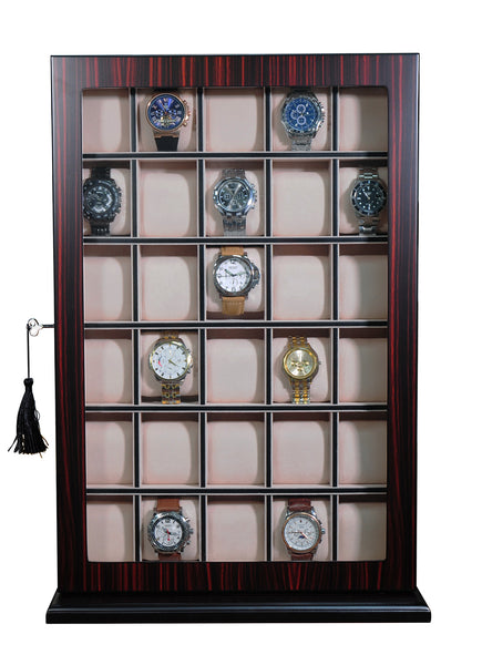 Personalized 30 Slot Ebony Wood Watch Display Wall Hanging Case and Storage Organizer Box and Stand for Oversized Watches