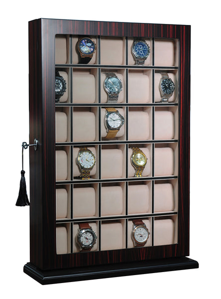Personalized 30 Slot Ebony Wood Watch Display Wall Hanging Case and Storage Organizer Box and Stand for Oversized Watches