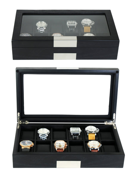 12 Piece Black Ebony Wood Watch Display Case and Storage Organizer Box with Stainless Steel Accents