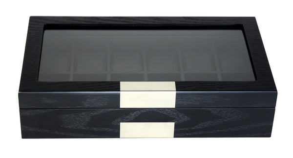 12 Piece Black Ebony Wood Watch Display Case and Storage Organizer Box with Stainless Steel Accents