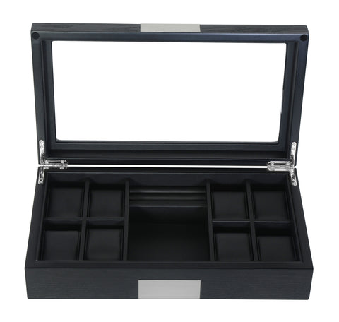 8 Ebony Black Wood Watch Box Display Cufflink Case Storage Jewelry Organizer with Glass Top, Stainless Steel Accents