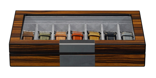 TimelyBuys Walnut Wood Watch Band Storage Display Case with Glass Top and Stainless Steel Accents and Hinges for Smart Watchbands, Apple Watch Bands, Samsung, Oversized Watch Bands