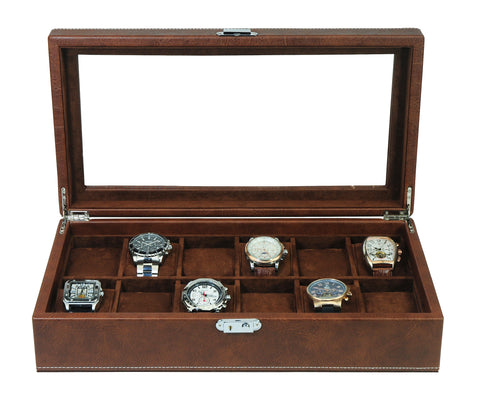 12 Piece Distressed Brown Leatherette Big Face Watch Display Case and Storage Organizer Box