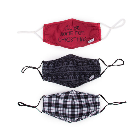 Miamica Set of 3 Fashion Cloth Face Mask - Black & White Plaid, Black and White Winter Motif, Red