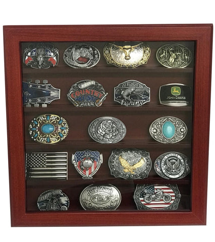 Cherry Wood Wall Belt Buckle Display Case with Five Rows for Collectible Belt Buckles